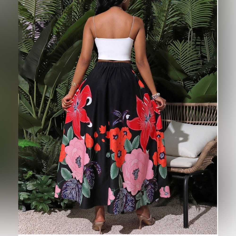 Boho Floral Print Women's Skirt Black - Picture 2 of 11
